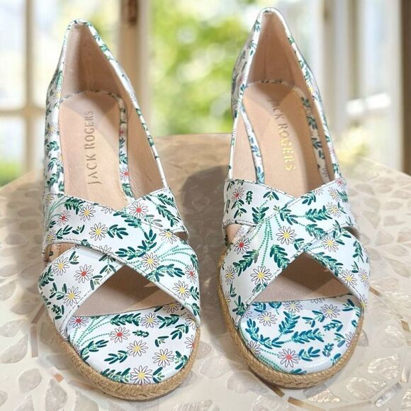 JACK ROGERS  Leather Palmer Woven Jute Espadrille Wedge Sandal White - Picture 4 of 16